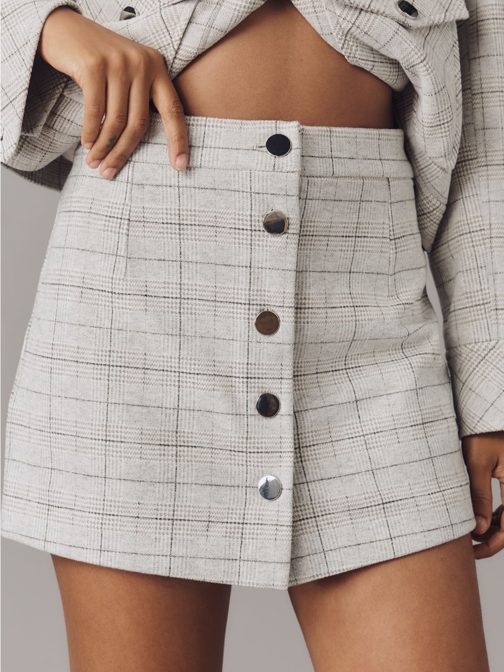 Maeve Cream Plaid Button-Front Skort
